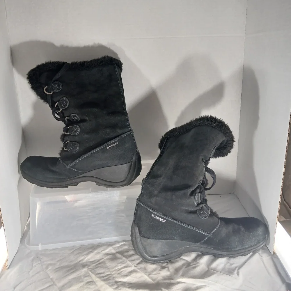 Sporto Jojo Women Black Leather Waterproof Winter Boots Faux Fur Lining Size 10M